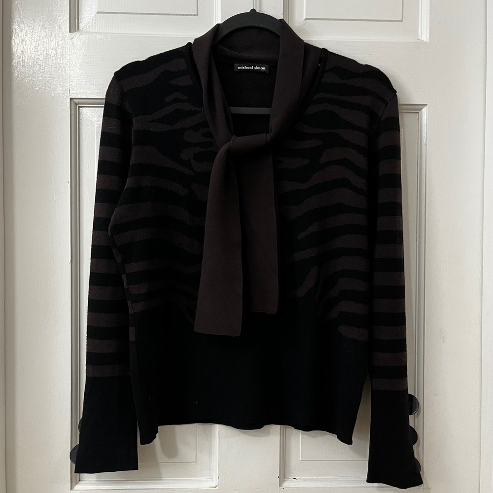 Michael Simon Black Brown Zebra Stripe Tie Neck Sweater Top Career Cozy Size M